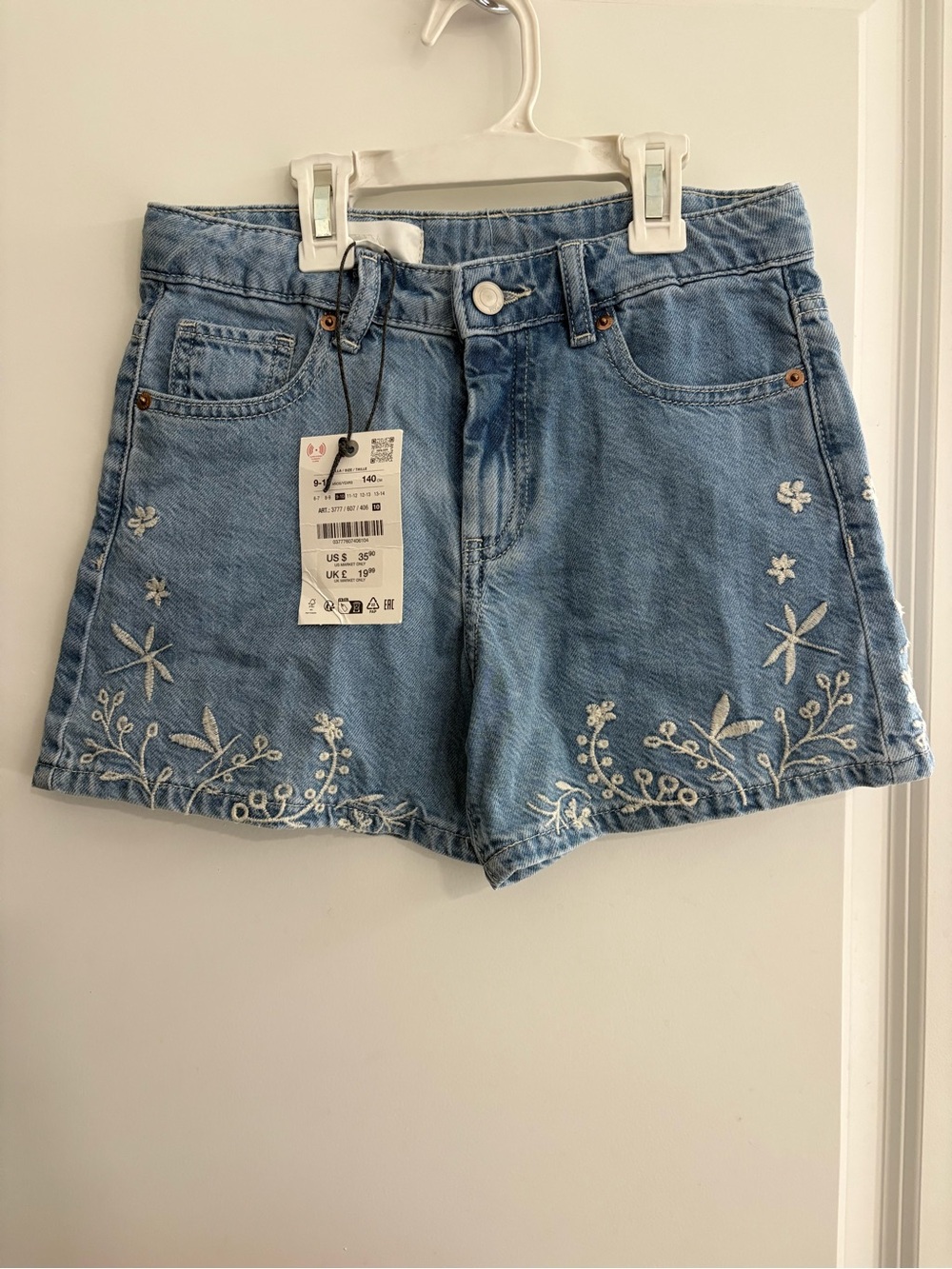 ZARA Kids Embroidered Denim Shorts- Light Blue (Size 9-10 Years)